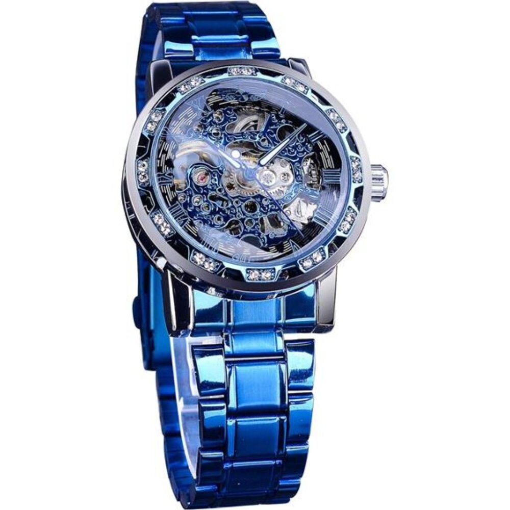 Retro Manual Mechanical Skeleton Watch with Diamond and Carving Flower Craft Men